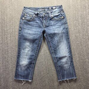 Miss Me Jeans Womens 27 Blue Signature Skinny Embellished Raw Hem *Cut off*
